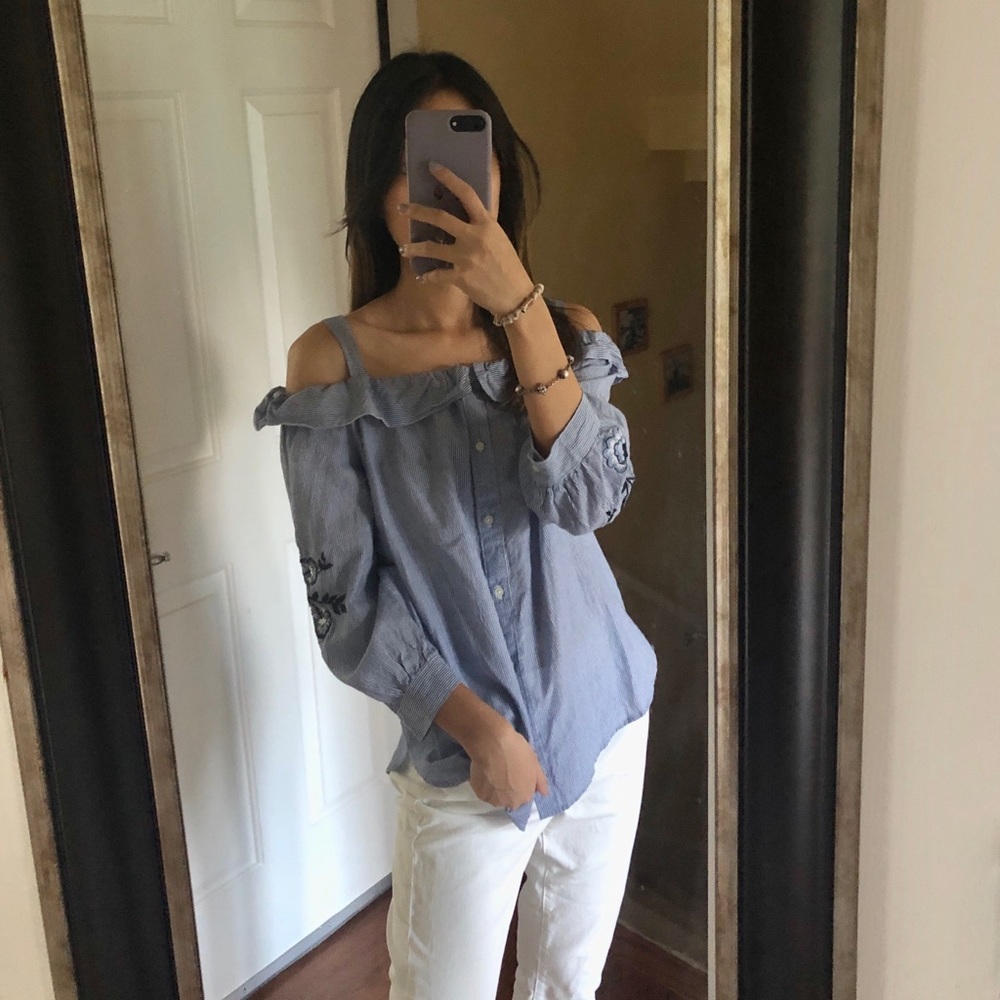 Loft Ruffle Button Off Shoulder Blouse